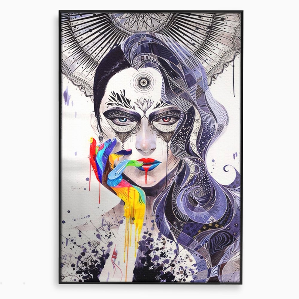Tablou canvas cu tablou canvas cu portret abstract feminin, in rama de aluminiu negru